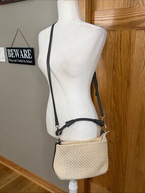 Valentina Fiore Woven Straw Crossbody with Black Trim and Adjustable Strap